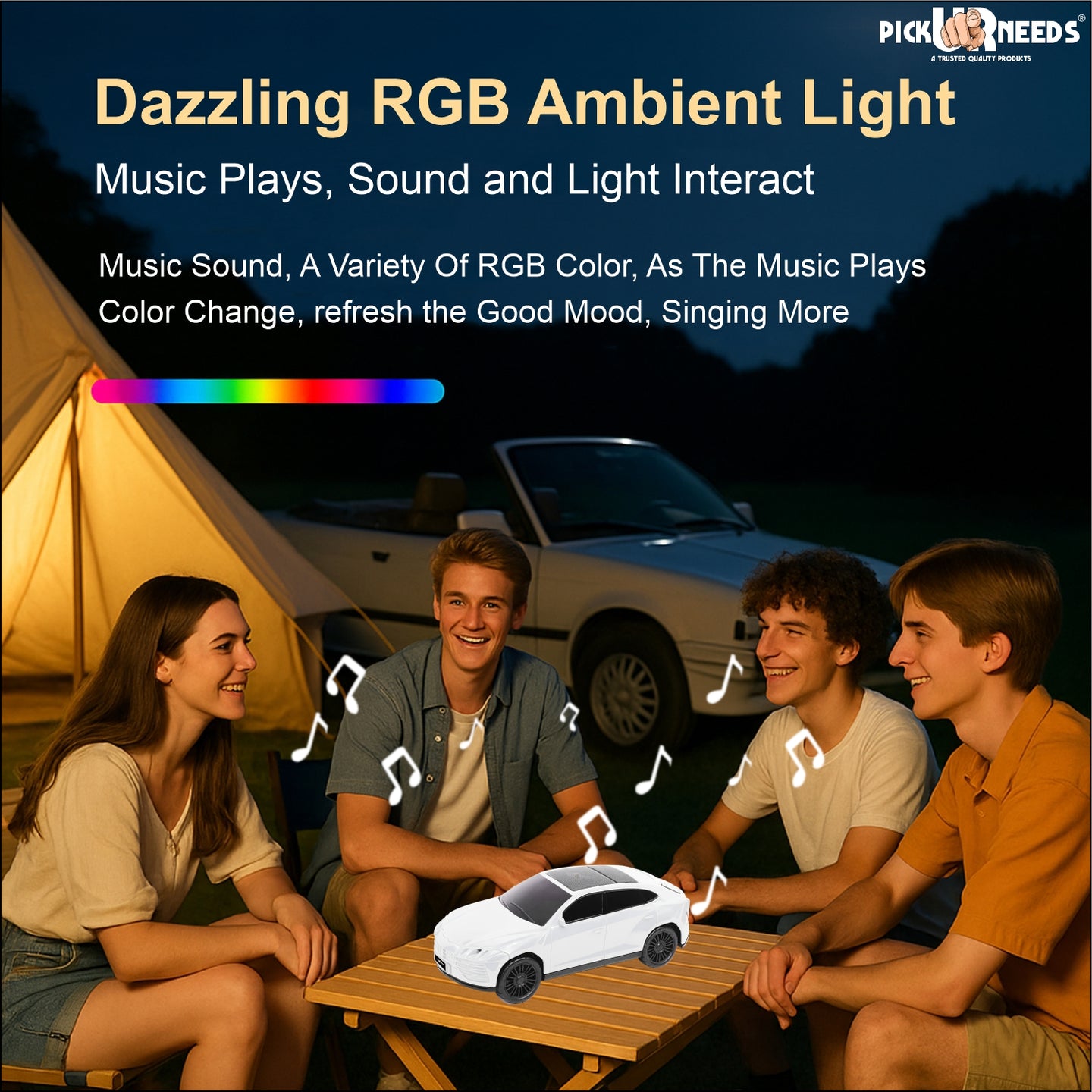 Pick Ur Needs Rechargeable Car-Shaped Speaker – RGB LED Light, USB/FM/SD Card, Type-C, 1200mAh
